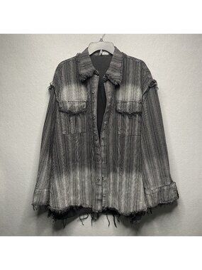 Kzoom Made Distressed Black & White Striped Button-Up Shacket With Frayed Hem L